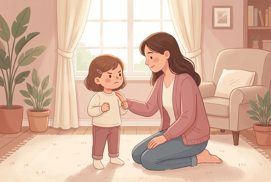 A parent kneeling to their upset child's level, calm and reassuring