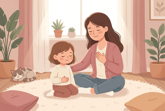 A parent and child doing a calm breathing exercise together on the floor