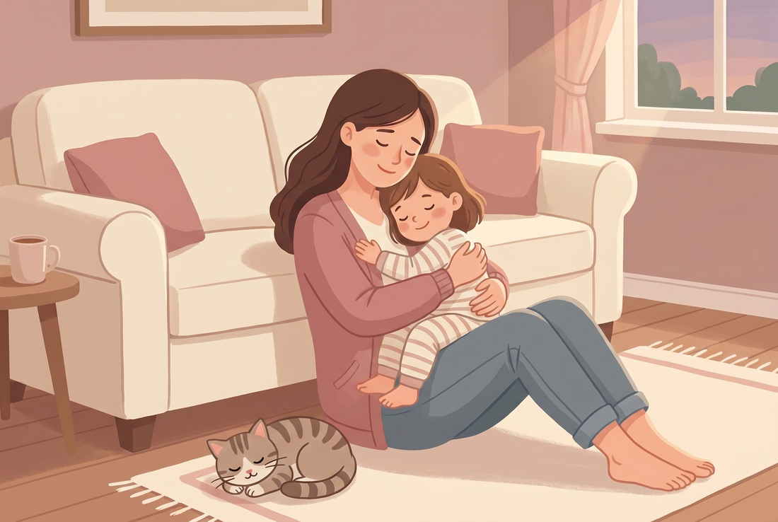 A tired parent hugging their child at the end of the day in soft evening light