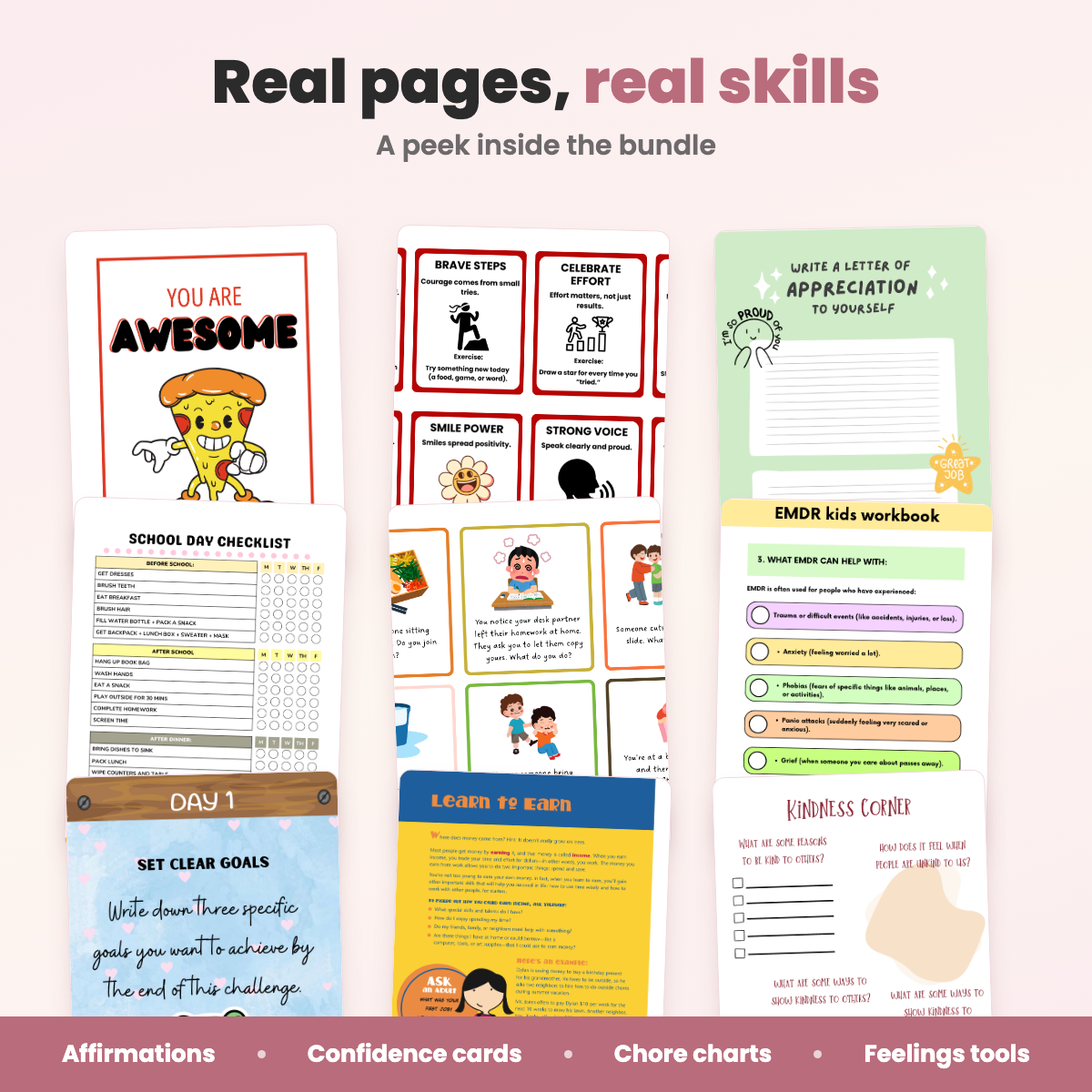 Real pages inside the Kids Life Skills Bundle