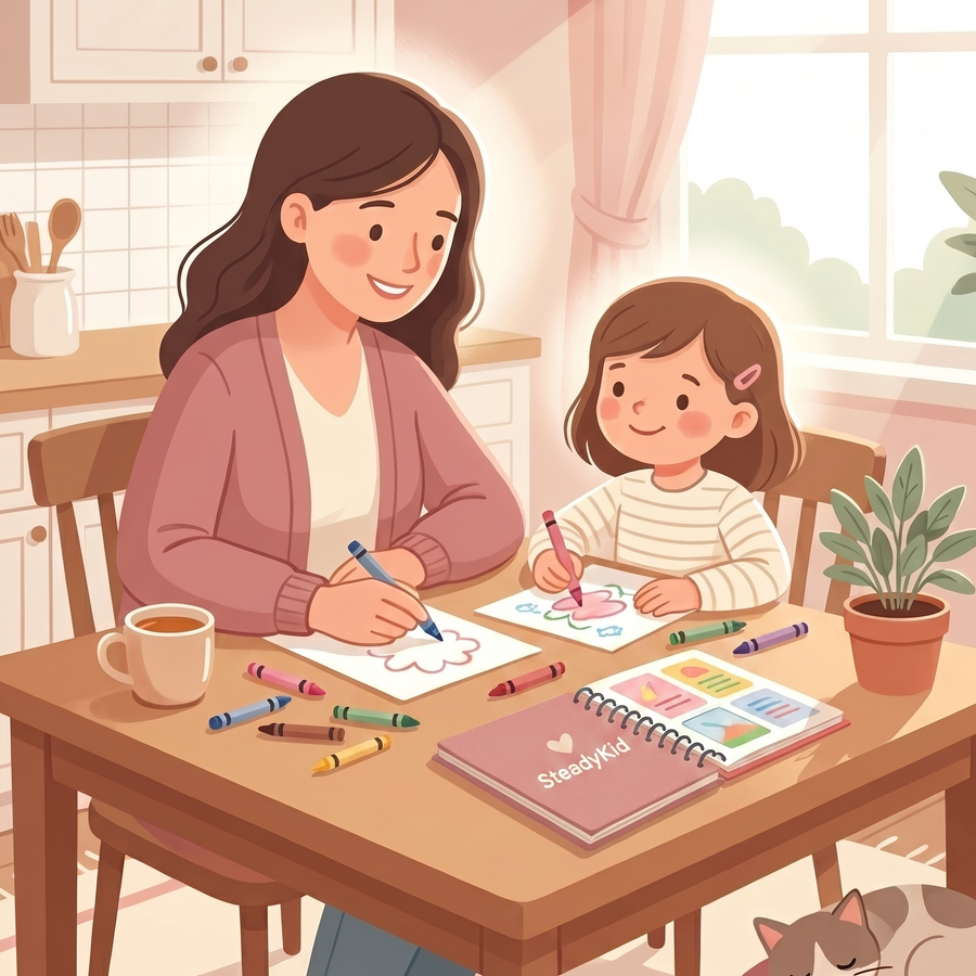 A mother and her young daughter colouring together with a SteadyKid workbook at the kitchen table