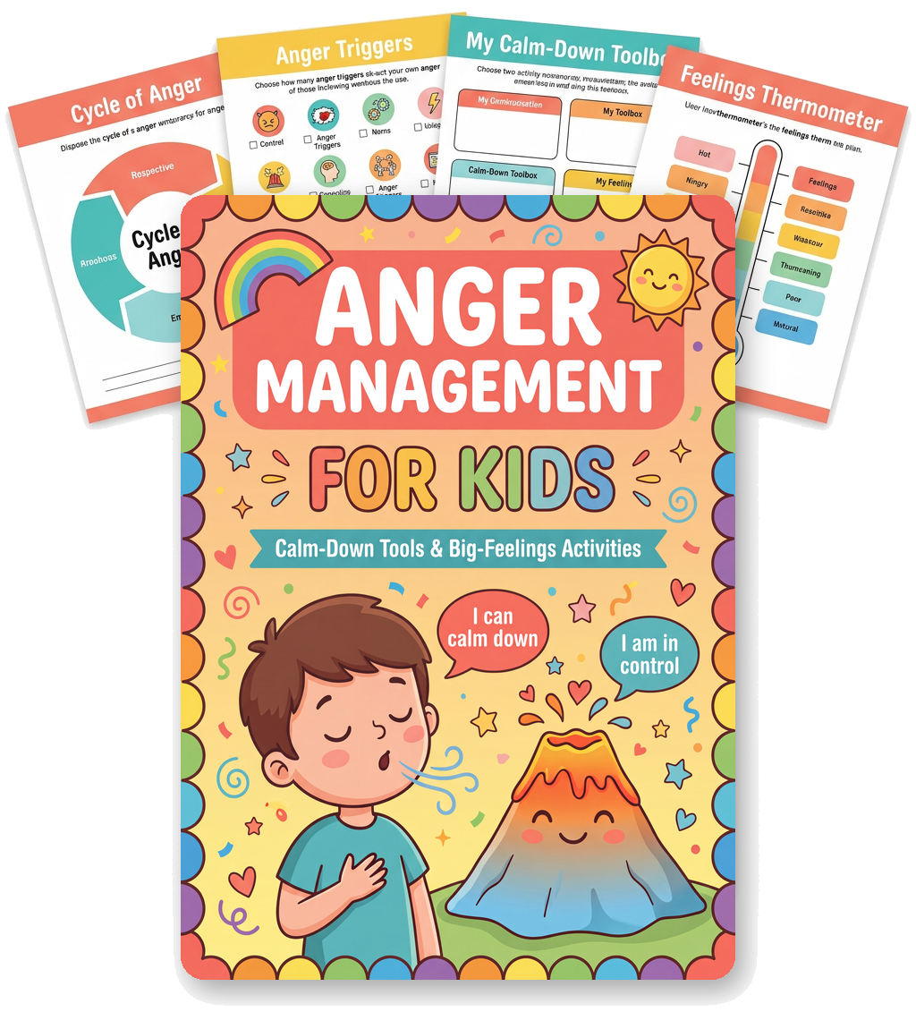 Anger Management for Kids workbook with printable calm-down activity sheets