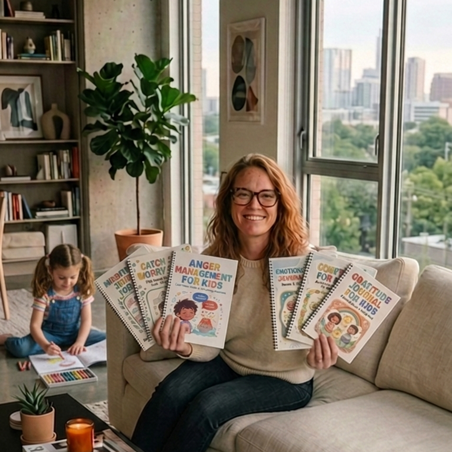 SteadyKid founder holding the full range of workbooks while her daughter colours nearby